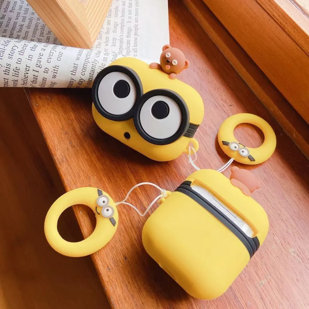 3D Cartoon Big Eyes with Bear Toy for Airpod Pro 2 Case,Yellow Protetive Earphone Silicone Cover for Airpod 1/2/3 Kids Boys Girl