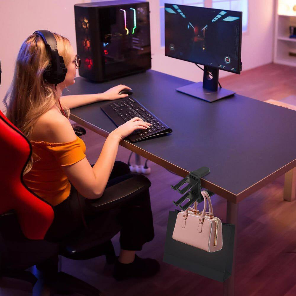 3 in 1 under Desk Clamp PC Gaming Headphone Stand and Controller Holder with Adjustable Swivelling Arm Black