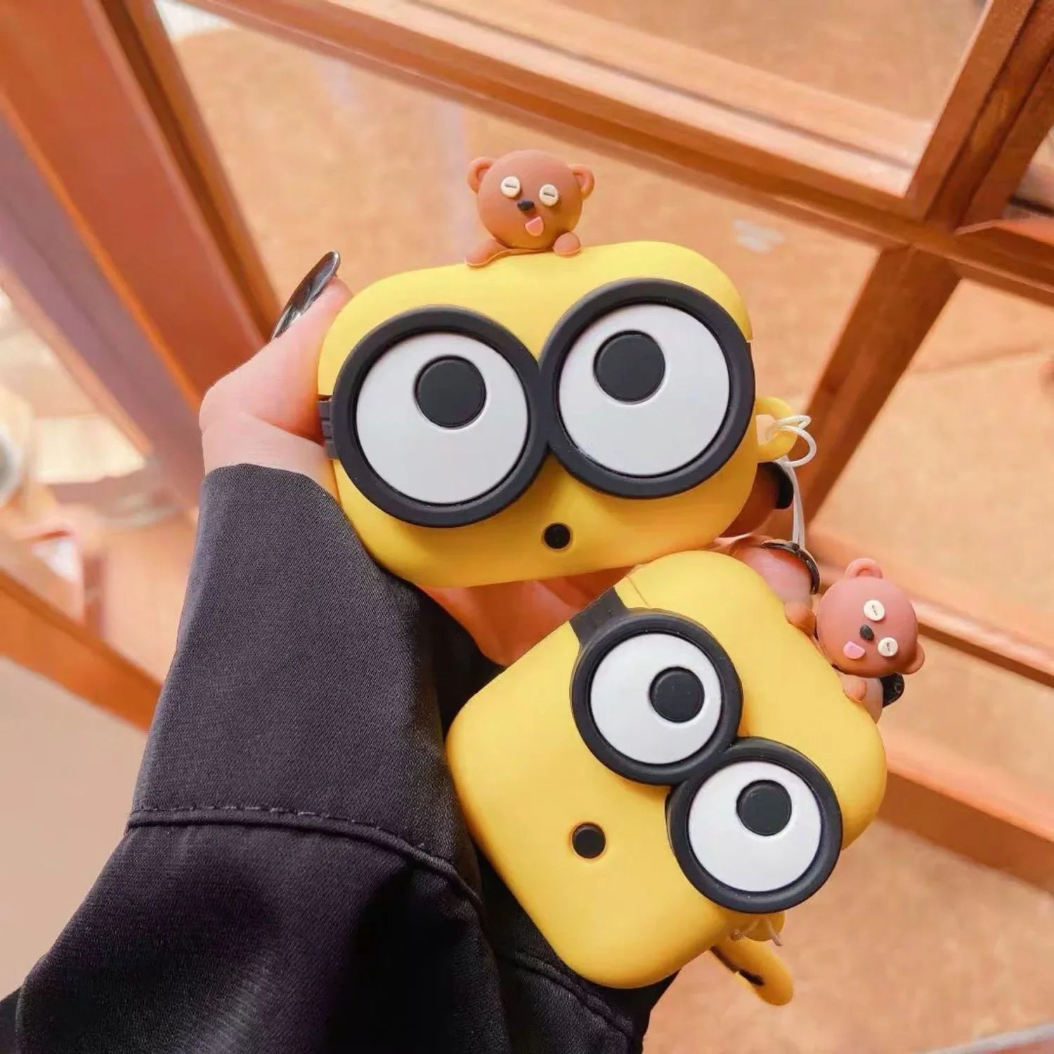 3D Cartoon Big Eyes with Bear Toy for Airpod Pro 2 Case,Yellow Protetive Earphone Silicone Cover for Airpod 1/2/3 Kids Boys Girl