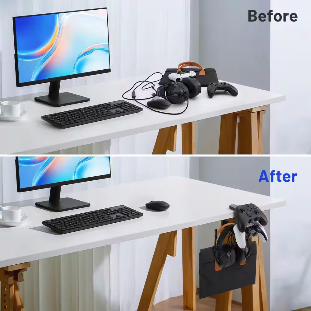 3 in 1 under Desk Clamp PC Gaming Headphone Stand and Controller Holder with Adjustable Swivelling Arm Black
