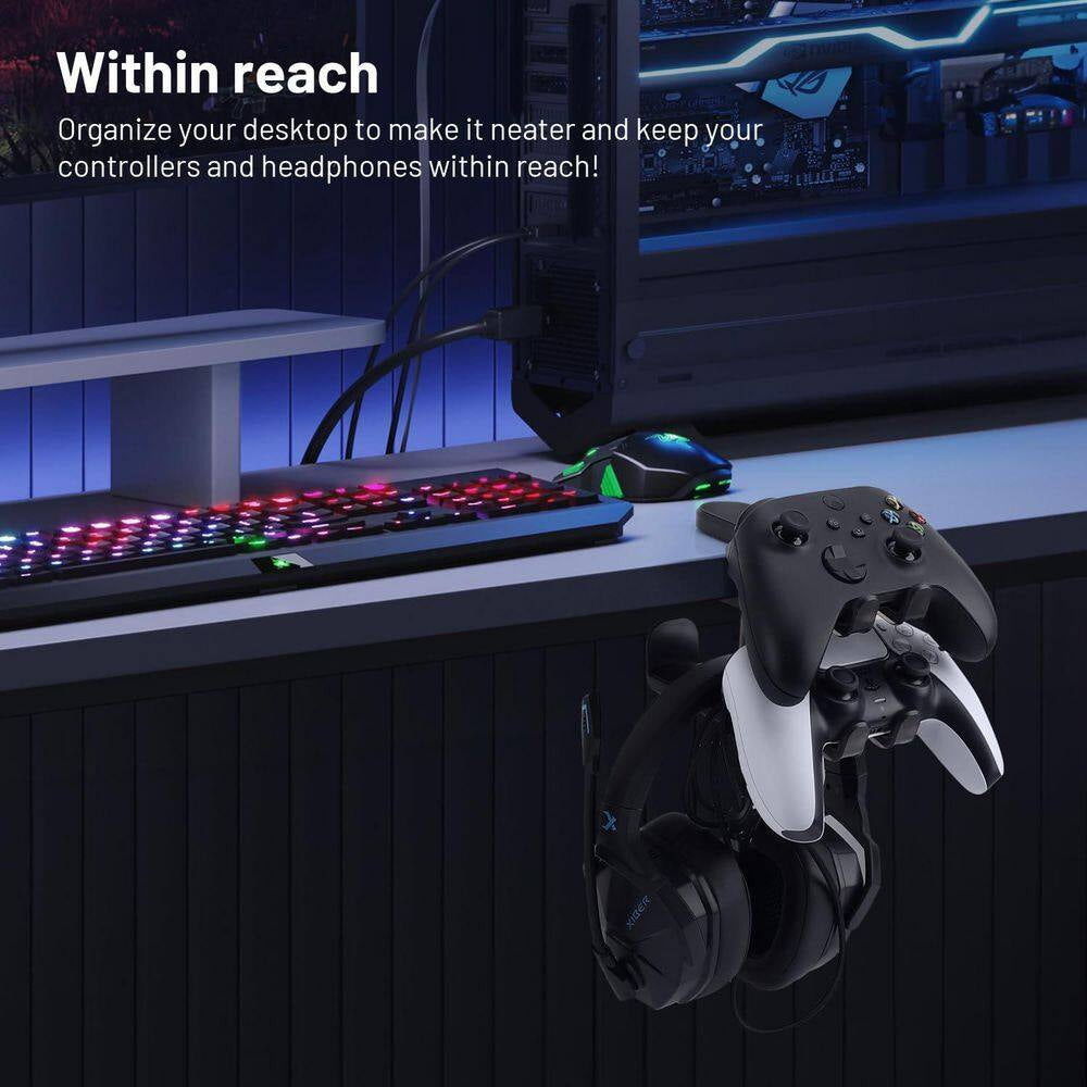3 in 1 under Desk Clamp PC Gaming Headphone Stand and Controller Holder with Adjustable Swivelling Arm Black