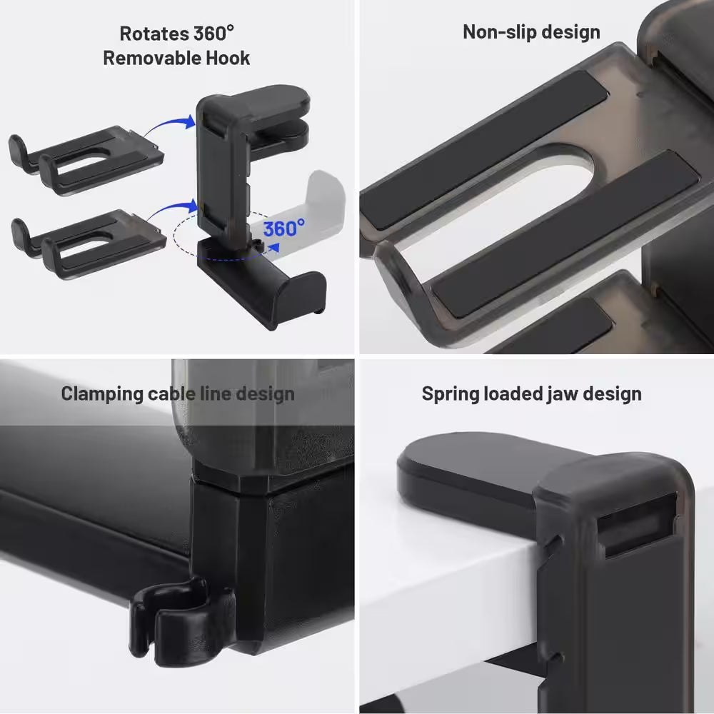 3 in 1 under Desk Clamp PC Gaming Headphone Stand and Controller Holder with Adjustable Swivelling Arm Black