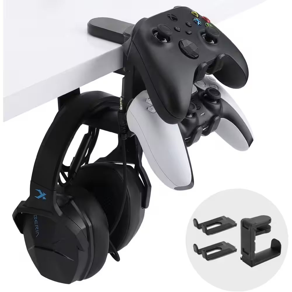 3 in 1 under Desk Clamp PC Gaming Headphone Stand and Controller Holder with Adjustable Swivelling Arm Black